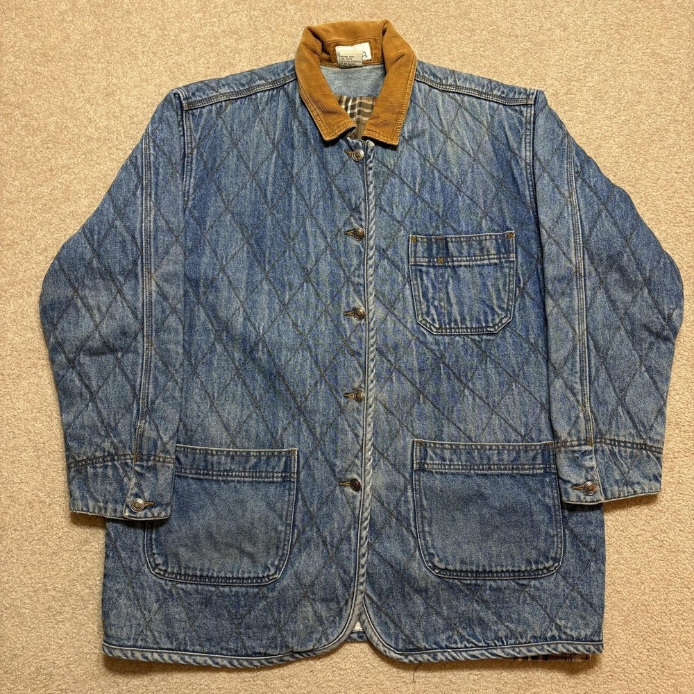 Vtg Capezio Quilted Denim Chore Coat Mens Large Blue Barn Corduroy Collar 80s